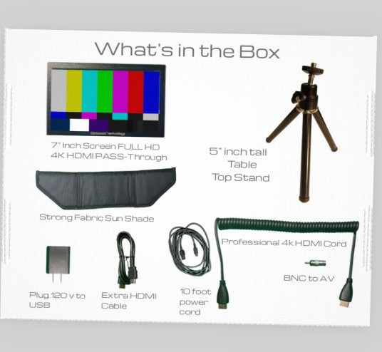 7-Inch LCD Film Production Monitor with HDMI 4K Pass-Through, 1280x600 Resolution, Table Stand, Sun Shade, Professional 4K Cables, Black, Metal. NO-Sound